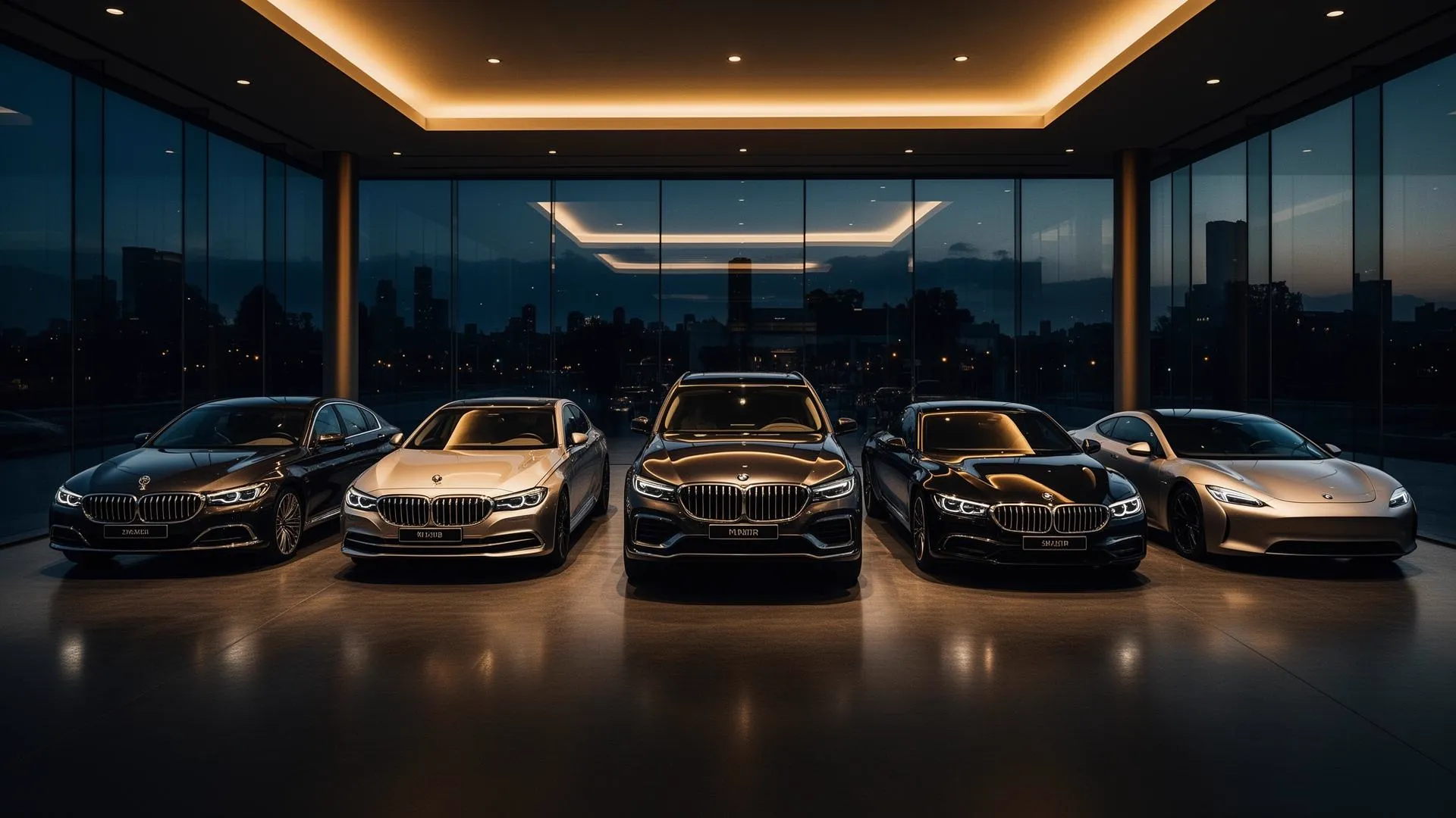 Showroom de distribuidora premium con sedán, SUV y sports car
